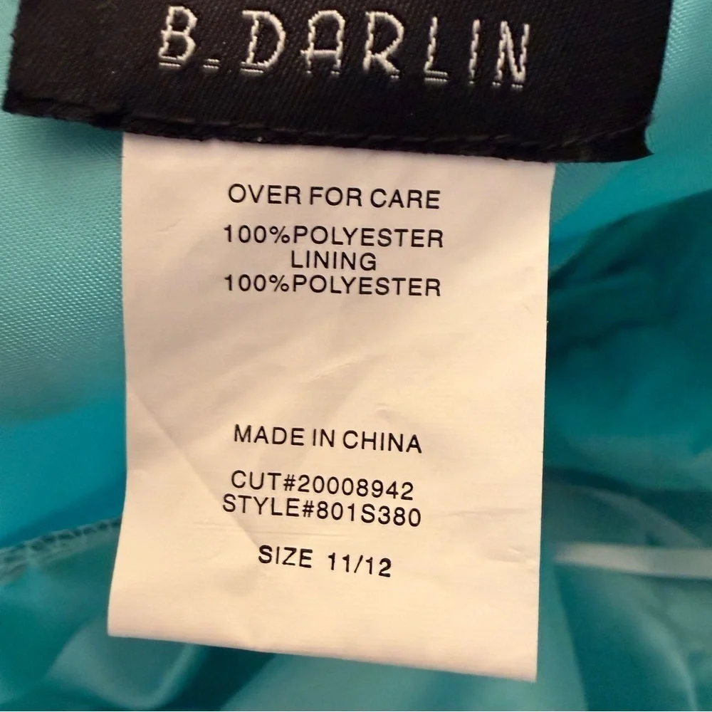 B. Darlin Aqua Teal Satin Maxi Gown Dress Size 11/12 Formal Prom